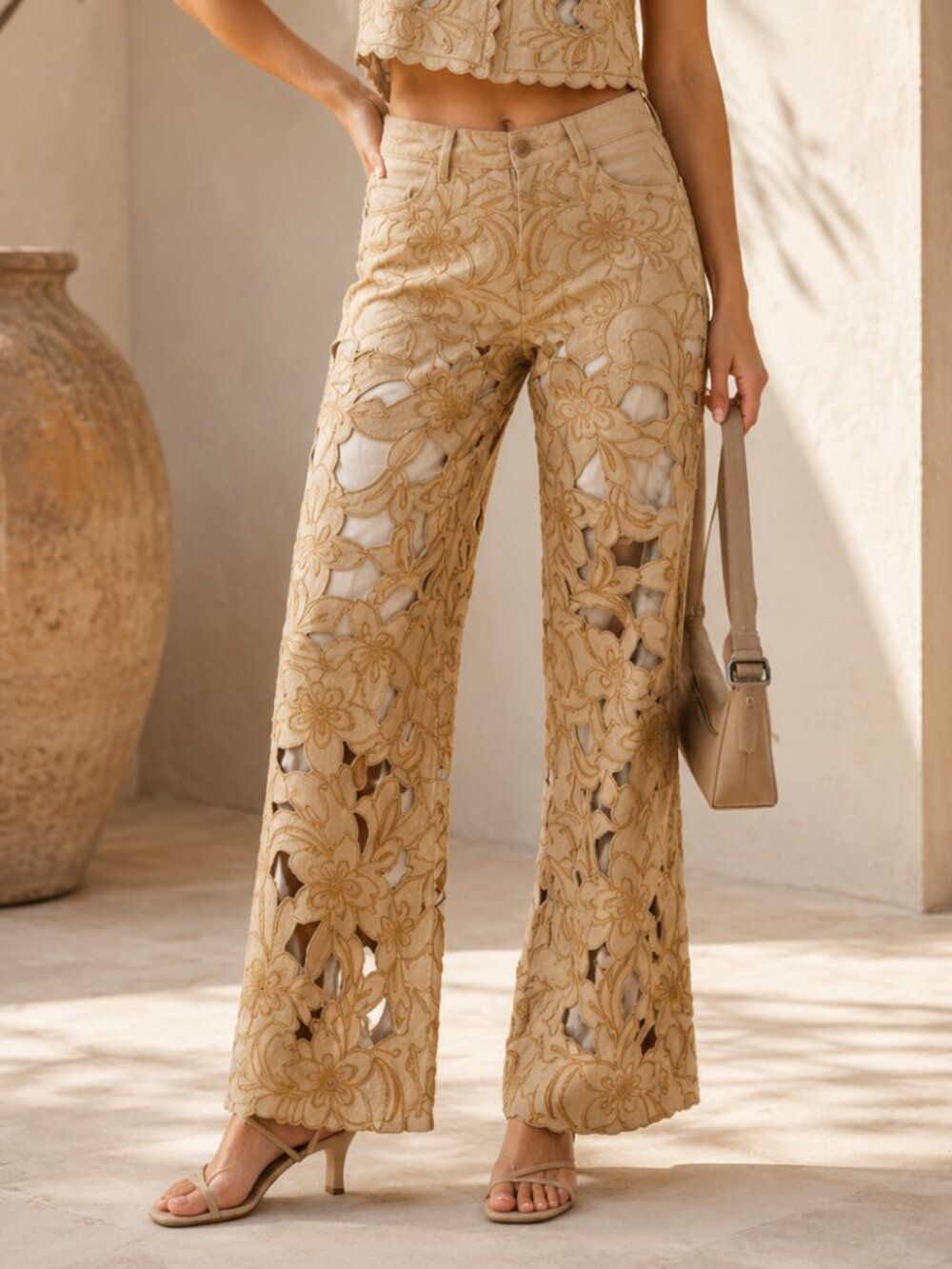 Golden Riviera Cut Out Floral Embroidered Lace Lined Twill Jeans